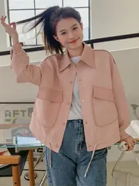在飛比找樂天市場購物網優惠-正韓粉色棒球服外套女春秋溫柔風夾克上衣香港復古
