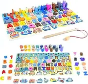 Peeokuo Wooden Montessori Toys for Kids Toddler Number Puzzles Sorter Counting Shape Stacker Stacking Transportation Game Preschool Toys for Boy Girl Learning Education Math Blocks for 1+ Year Old