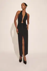 alma plunging midi dress in black