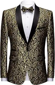 [JEShifangjiusu] Men's Jacquard One Button Suit Blazer Stylish Shawl Lapel Tuxedo Jacket for Dinner,Prom,Wedding, Gold, XXL