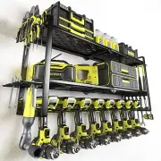 Sturdy Iron Tool Storage Shelf with 8 Drill Holders - Efficient Garage Solution