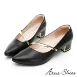 ARUS-質感麂皮簡約金屬線條素色尖頭低跟鞋-黑色