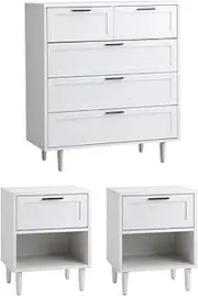 Oikiture Chest of Drawers and 2 Bedside Tables Dressers Bedroom Set White