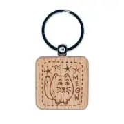 Mopey Cat Meow and Stars Engraved Wood Square Keychain Tag Charm