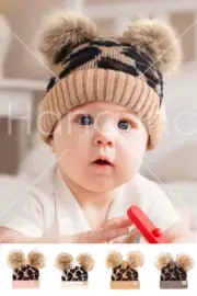 C.C Exclusive Infant Leopard Pattern Double Pom Pom Beanie For Baby