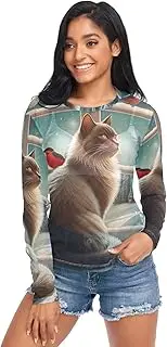 [RPLIFE] Christmas Cat Long Sleeve Mesh Top, Sheer Tops for Women Long Sleeve S-XXL