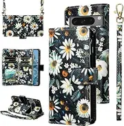 Wallet Case for Google Pixel 8 Pro 5G with Wrist Strap Crossbody Shoulder Strap Flower Leather Zipper Purse Credit Card Holder Stand Phone Cover Pixel8Pro Pixel8 XL Eight 8Pro Girls Black