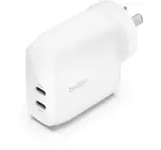 Belkin BoostCharge Pro Dual USB-C Wall Charger with PPS 60W - White (WCB010auWH), 2XUSB-C (30W), Travel Ready, 2YR