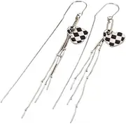 MAYJAI Sterling silver statement black and white checkered love heart long tassel ear thread