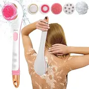 Body Brush Rechargeable, Electric Body Brush Set, Scrubber Shower Brush with Long Handle, Spin Skin Brush with 4 Brush Heads for Cleanse, Massage, exfoliate and Pamper Your Skin in The Shower (Pink)