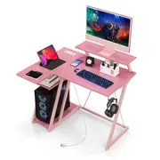 Costway L-Shaped Gaming Desk Computer Desk w/Monitor Shelf Headphone Hook Outlets & USB Ports Pink