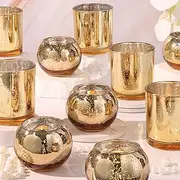 20 Pcs Assorted Gold Votive Candle Holders Bulk, Larger Size Mercury Glass Votives with Round Candle Holder for Wedding Decorations, Tealight Candle Holder for Gold Party Table Centerpieces