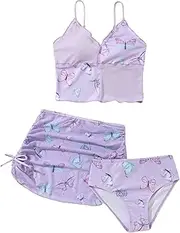 [WDIRARA] Girl's 3 Piece Set Floral Butterfly Print Colorblock Swimwear Tie Side Onepiece Swimsuit Bikini Set