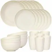 24 Piece Plates and Bowls Sets of 6,Unbreakable Wheat Straw Dinnerware Sets,Plastic Dish Set,Outdoor Kitchen and Apartment Dinning Essentials,White