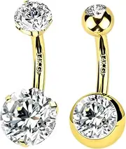 [ALACLO] 2pcs 14k Gold Filled Belly Button Rings, 14G 12mm Threaded Barbell Belly Button Piercing, Navel Ring Piercing Jewelry Round CZ