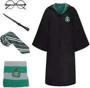 TOMVAES Slytherin Costume Set, Black Hogwarts Robe with Silver, Wizard Robe Suit with Tie, Scarf, Wand & Glasses for Cosplay & Parties (Green)