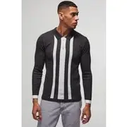 Mens Charcoal Long Sleeve Muscle Fit Stripe Knit Polo