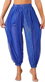 [Hedmy] Women Belly Dance Costume Pants Side Split Sequin Shiny Harem Pants Arabic Halloween Trousers