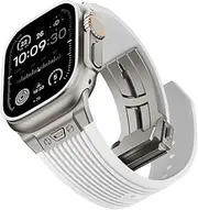 NewWays Watch Band for Apple Watch Ultra 2 Band 49mm 45mm 44mm 42mm, Luxury Rugged Silicone Rubber Strap with Metal Connector & Folding Clasp for iWatch Ultra Series 9 8 7 6 5 4 3 2 1 SE for Men