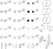 [Sanfenly] Surgical Steel Flat Back Stud Earrings for Women Men Hypoallergenic Cartilage Earrings Stud Hoops CZ Star Moon Heart Screw Back Earrings Tragus Daith Helix Earrings Piercing Jewelry 20G