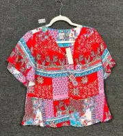 Chico's Petite Top Womens 1P (8-10) Floral Patchwork Peplum Flutter Sleeve Shirt