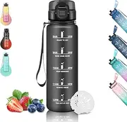 Drinking Bottle 1 Litre, Sports Water Bottle, Leak-Proof, with Filter, Water Bottle with Time Marking, Can Be Carried, Gym Drinking Bottle for Running, Camping, Hiking, Black