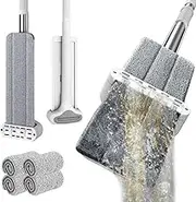Microfibre Floor Mop, Self Wringing 360° Rotating Flat Mop With 4 Washable Pads, Hands-Free Self-Squeeze Dehydrate for Wet and Dry Use in Kitchen and Home