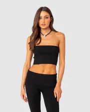 EDIKTED Womens Desiree Fold Over Knit Tube Top BLACK