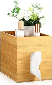 Skybooly Bamboo Tissue Box Cover with Storage Tray 6" x 6" x 7.4" Square Tissue Box Holder Decorative Cube Facial Tissue Holder for Bathroom Tissue Box Organizer for Office Toilet Bedroom Table