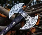 Handmade Carbon Steel Viking Etched Axe Ash Wood With Leather Sheath
