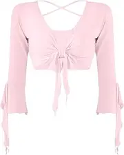 [TiaoBug] Women's Belly Dance 3/4 Sleeve V Neck Tie Front Crop Top Blouse Cardigan Wrap Top Dancewear