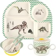 6Pcs Kids Dinnerware Set Food Plate Bowl Cup Spoon Fork Set Dishware Cartoon Tableware Eco Friendly and Dishwasher Safe BPA, BPS, PVC Free and Perfect for Kids (Dinosaur)