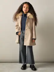 Reiss Oatmeal Nicole 9-13 yrs Faux Fur Collar Wool Blend Coat (B56475) | $260