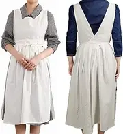 [losofar] Women Girls Vintage Pleated Split Apron V Neck Gardening Works Cotton Overall Smock Pinafore Dress