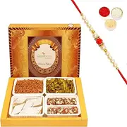 Ghasitaram Gifts Rakhi Gifts for Brothers Rakhi Sweets - Big Box of Kaju Katli, Dodha Barfi, Potato Palak Chips and SOYA Sev with Beads Rakhi