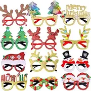 Max Fun 12 Pieces Christmas Glitter Party Glasses Frames with 12 Designs for Christmas Parties, Holiday Favors, Photo Booth (One Size Fits All)