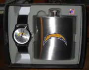3 lot Game Time NFL SAN DIEGO CHARGERS LOS ANGELES WATCH + METAL FLASK SET NIB
