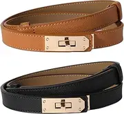 [Ovekaut] Women Skinny Leather Belt Solid Color Alloy Turn Lock Adjustable Waistband for Dresses Jeans Coats