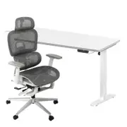Oikiture Office Sit-stand Desk and Ergonomic Chair Set Grey & White