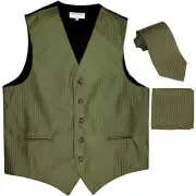 New Men's Formal Vest Tuxedo Waistcoat_necktie set stripes wedding Olive Green