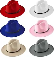 [Hercicy] 6 Pcs Fedora Hats for Women Felt Panama Hat Wide Brim Fedora Hat with Belt Buckle Floppy Hats Vintage Decoration Dress Hat