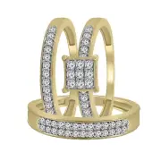 10K Yellow Gold 0.57 Ct Round Real Diamond Square Frame Engagement Trio Ring Set