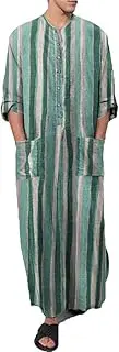 [Sweejim] Men's Muslim Long Sleeve Cotton Striped Robes Islamic Arabian Kaftan Suit Dubai Abaya