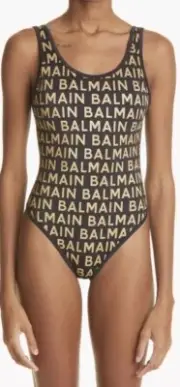 Balmain Olimpionic Metallic Logo One-Piece Swimsuit BLACK/GOLD Sz 38 IT | 34 FR