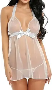 [Generic] Wet Look Lingerie for Women Open Crotch Lingerie for Women Lace Chemise Negligees Sexy Exotic Nightgowns Halter Nighties Sheer Mesh Nightwear (1PC Nightdress+1PC Plus Size Lingerie for Women 3XL
