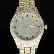 Men's Big Face Arabic Num Analog Bezel 44mm CZ Gold Plated Quartz Luxury Watch