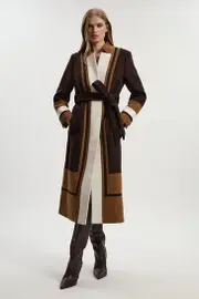 Petite Wool Colour Block Tailored Belted Midi Coat