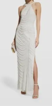 $550 Aidan Mattox Women White Beaded Halter Column Gown Dress Size 2
