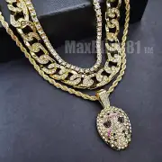Gold Plated Cubic Zirconia Jason Mask Pendant 18" Iced Cuban & Tennis chain Set
