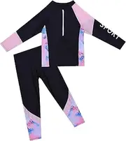 [Happy Cherry] Girls Long Sleeve Rash Guard Swimsuit Two Piece Zip Surfing Beach Bathing Suit Swimwear Set with Pants for Kids Girls